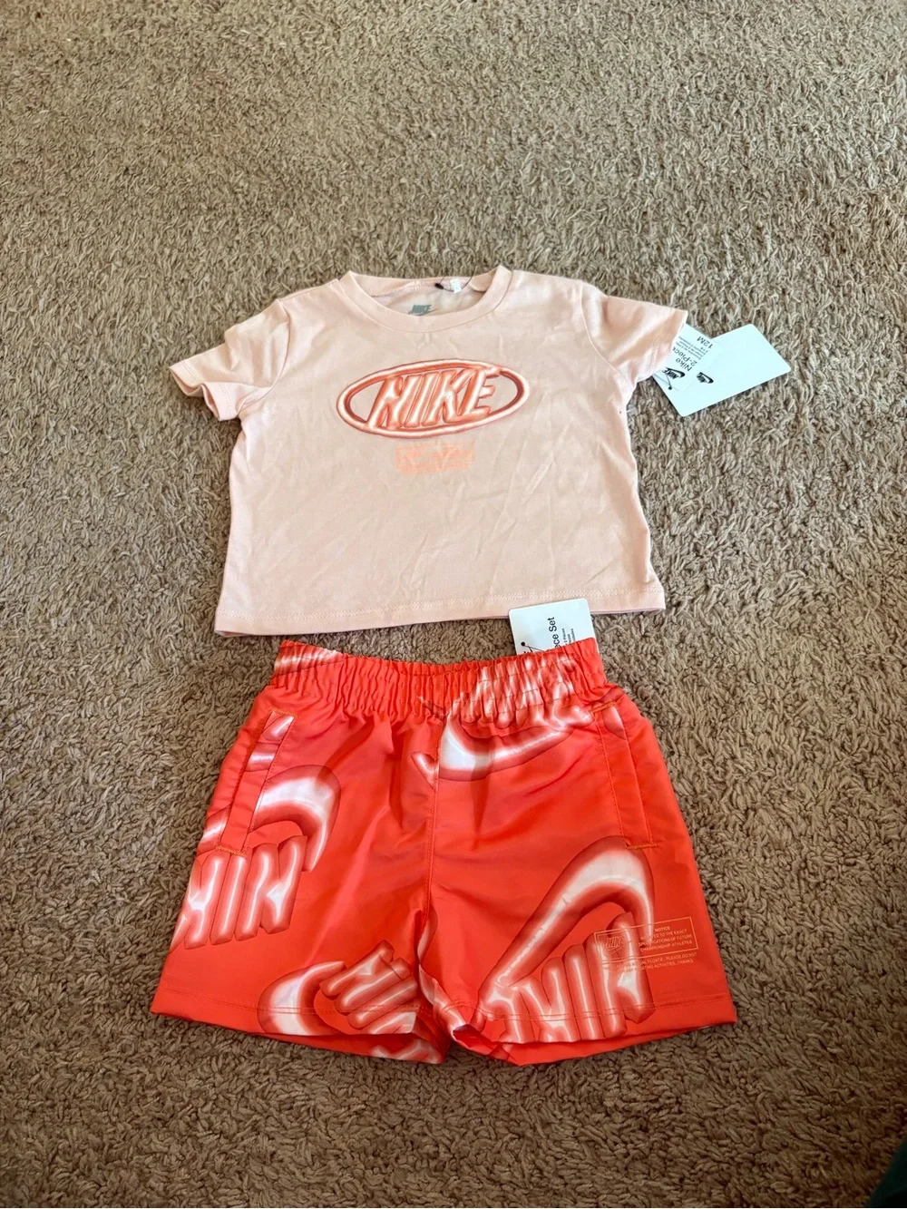 Nike Light Pink Tee and Coral Swim Shorts Set